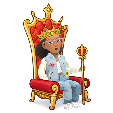 Kiishi wearing a crown, hands on hips, leader pose